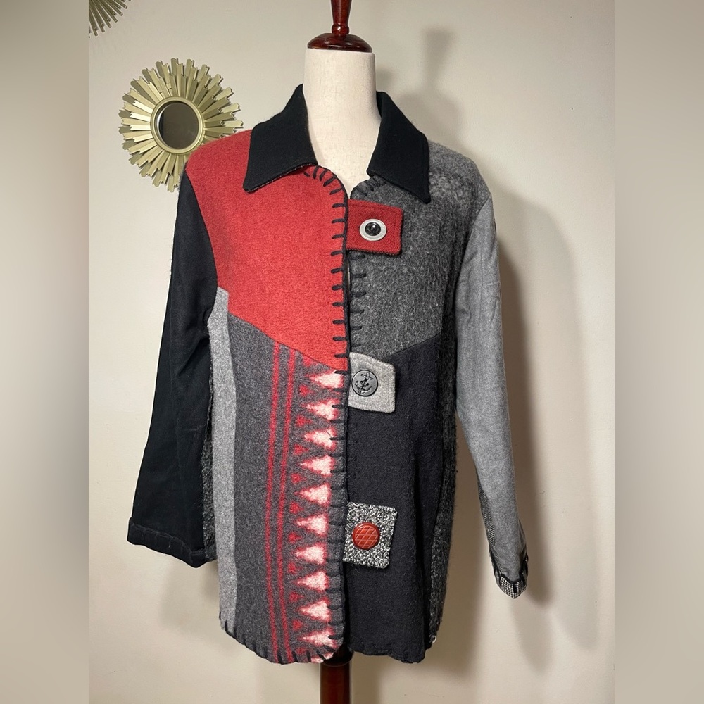 BaabaaZuzu Wool Red Black Patchwork Jacket - Size Medium